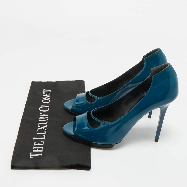 Pre Owned Balenciaga Peacock Blue Patent Leather Platform Peep Toe Pumps Size 39