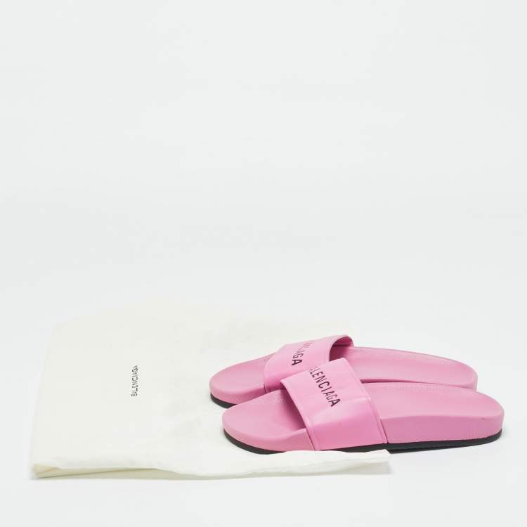 Pre Owned Balenciaga Pink Leather Pool Flat Slides Size 36