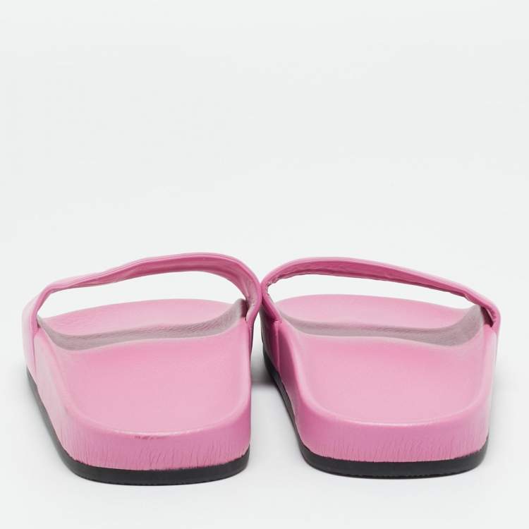 Pre Owned Balenciaga Pink Leather Pool Flat Slides Size 36