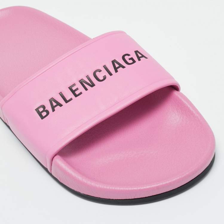 Pre Owned Balenciaga Pink Leather Pool Flat Slides Size 36