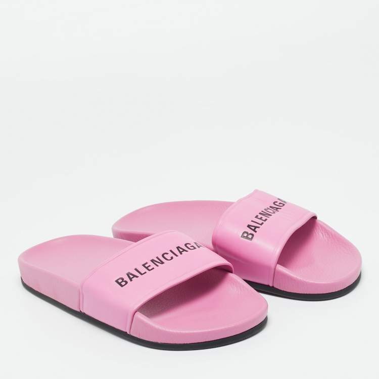 Pre Owned Balenciaga Pink Leather Pool Flat Slides Size 36