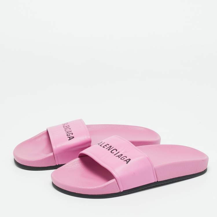 Pre Owned Balenciaga Pink Leather Pool Flat Slides Size 36