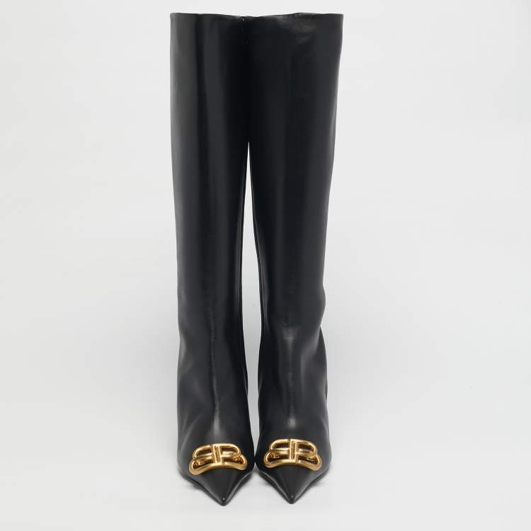 Pre Owned Balenciaga Black Leather Knife BB Knee Length Boots Size 41