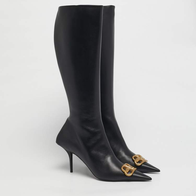 Pre Owned Balenciaga Black Leather Knife BB Knee Length Boots Size 41