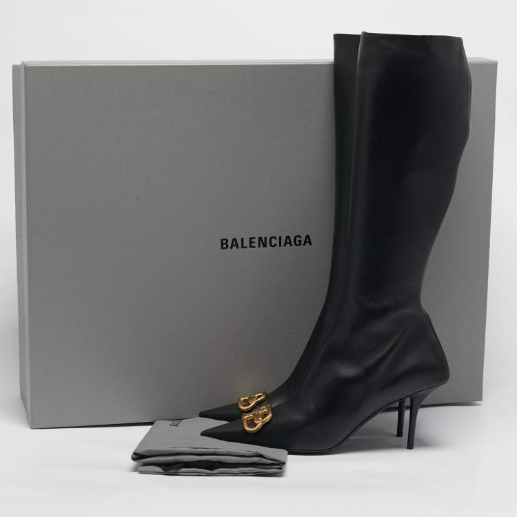 Pre Owned Balenciaga Black Leather Knife BB Knee Length Boots Size 41