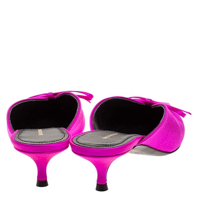 Pre Owned Balenciaga Fuschia Pink Satin Bow Pointed Toe Kitten Heel Mules Size 36.5