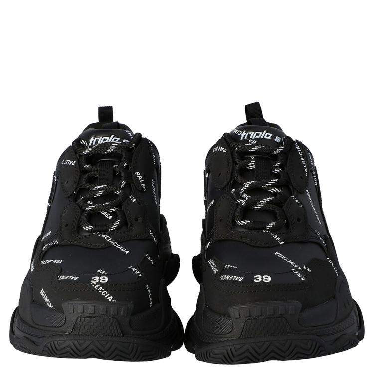Pre Owned Balenciaga Black Leather And Nubuck Allover Logo Triple S Platform Sneakers Size 40