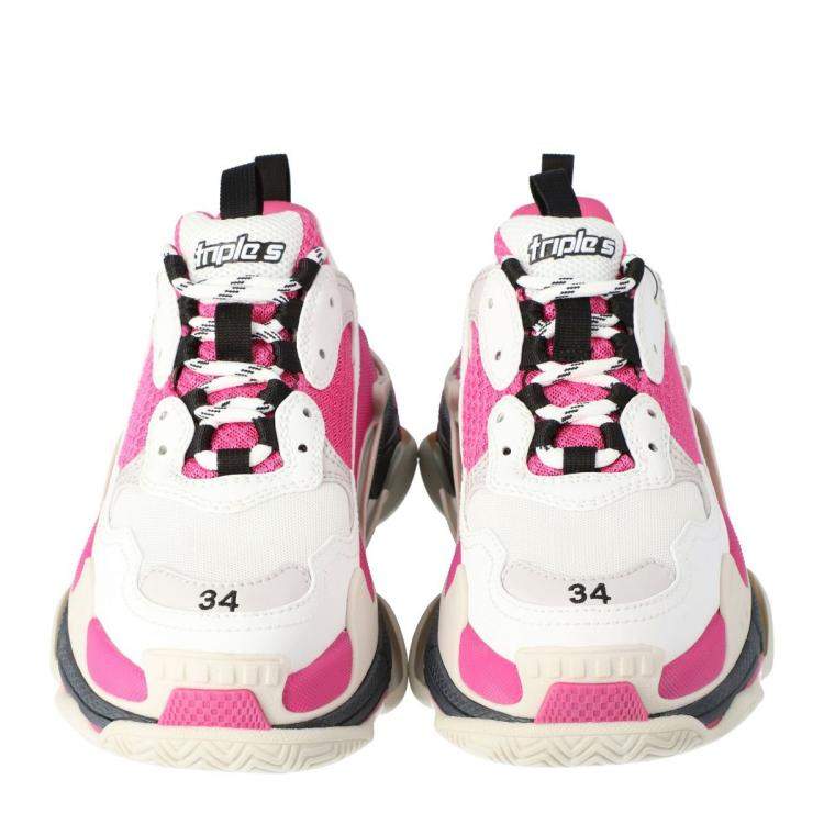 Pre Owned Balenciaga White/Pink Leather and Mesh Triple S Platform Sneakers Size 36