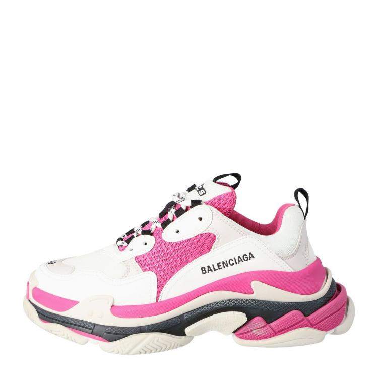 Pre Owned Balenciaga White/Pink Leather and Mesh Triple S Platform Sneakers Size 36