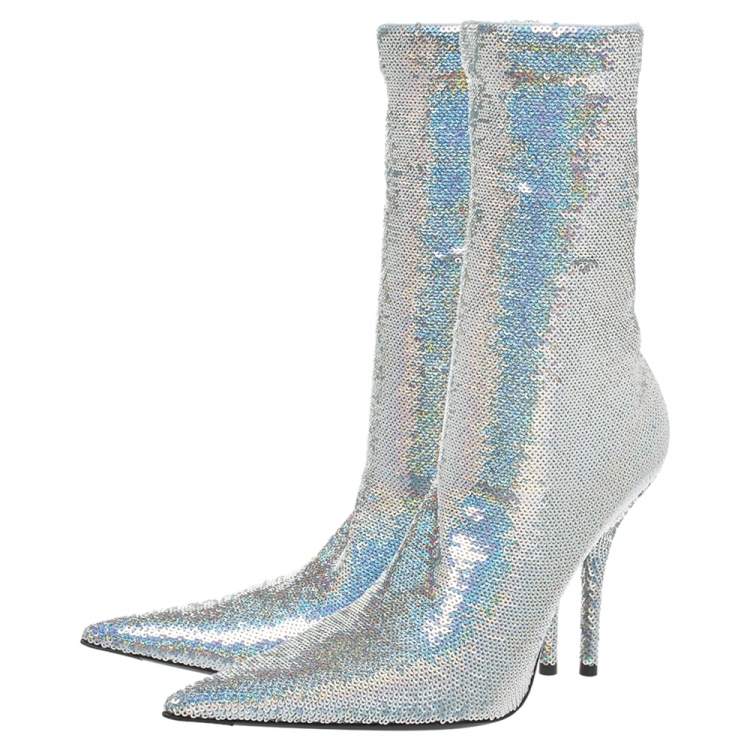 Pre Owned Balenciaga Metallic Silver Sequin Knife Mid Length Boots Size 37