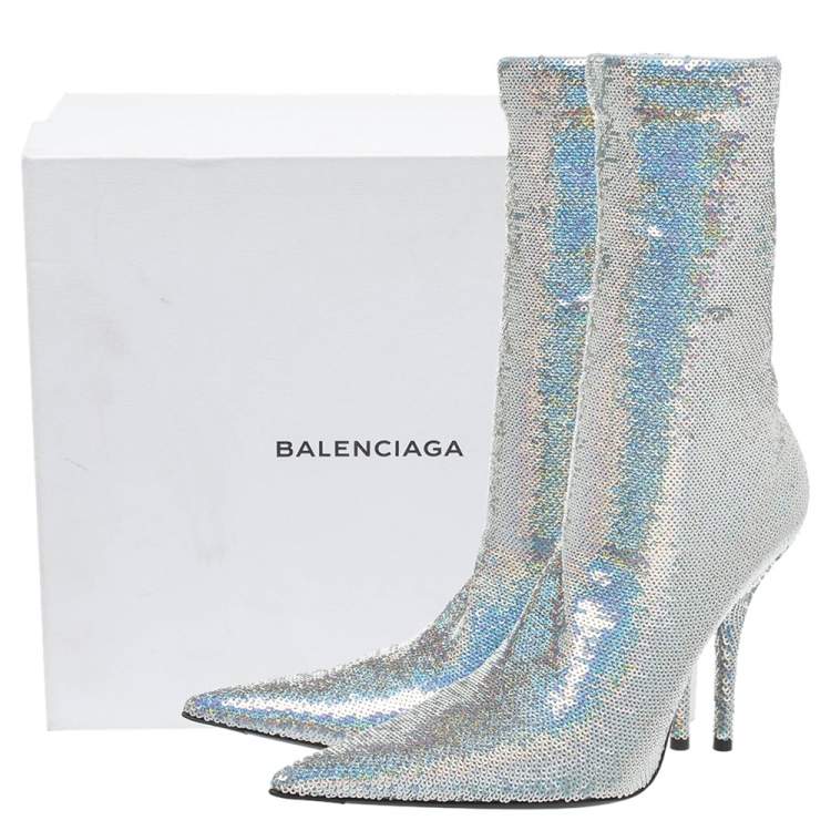 Pre Owned Balenciaga Metallic Silver Sequin Knife Mid Length Boots Size 37