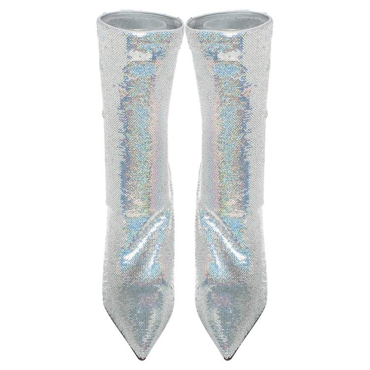 Pre Owned Balenciaga Metallic Silver Sequin Knife Mid Length Boots Size 37