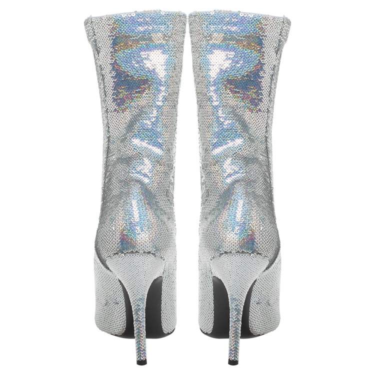Pre Owned Balenciaga Metallic Silver Sequin Knife Mid Length Boots Size 37