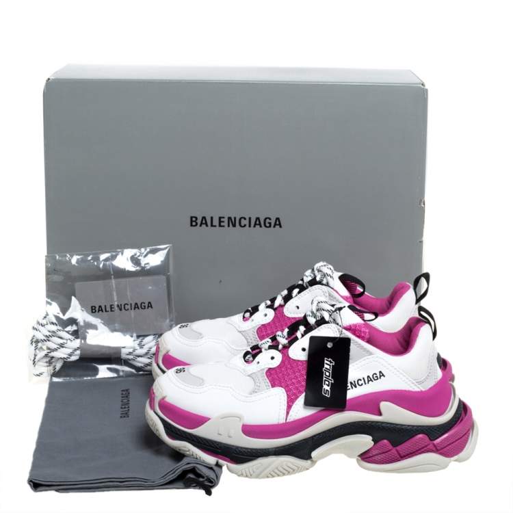 Pre Owned Balenciaga White/Pink Leather And Mesh Triple S Low Top Sneaker size 36