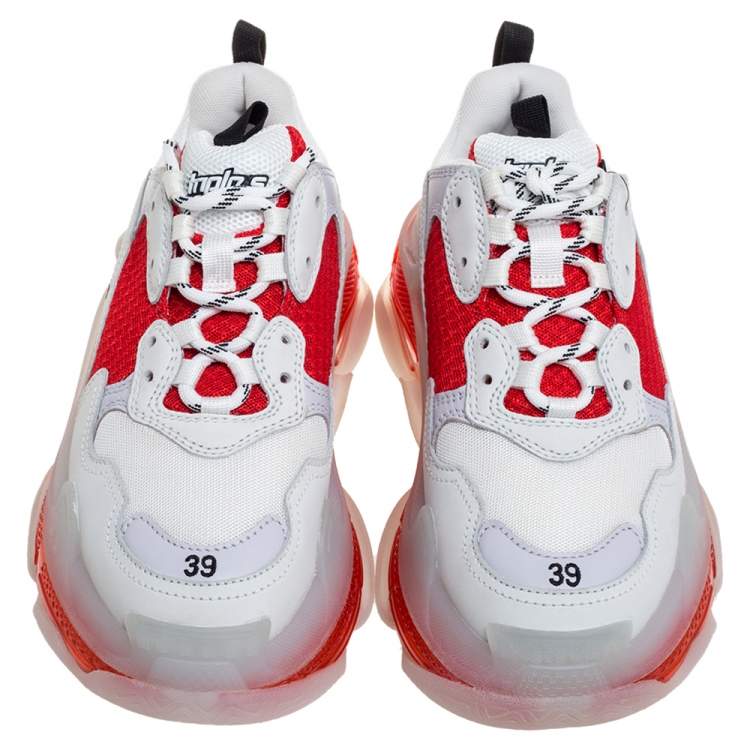 Pre Owned Balenciaga White/Red Leather And Mesh Triple S Sneakers Size 39	