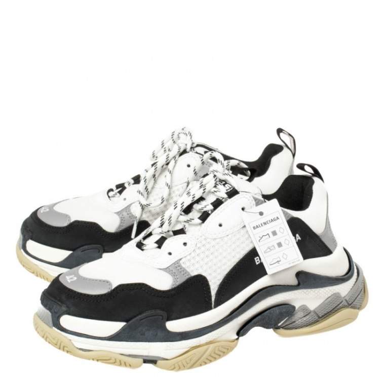 Pre Owned Balenciaga White/Black Leather and Mesh Triple S Platform Sneakers Size 42