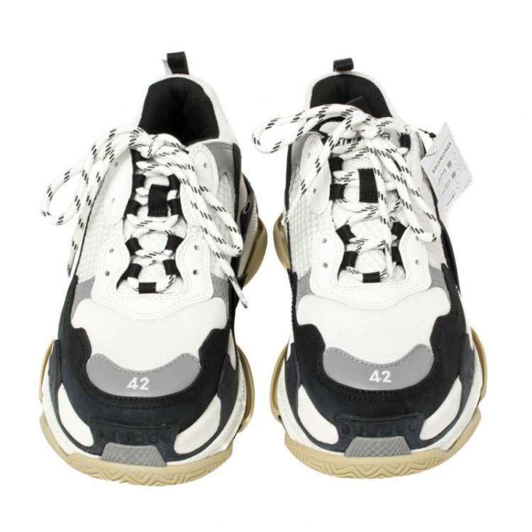 Pre Owned Balenciaga White/Black Leather and Mesh Triple S Platform Sneakers Size 42