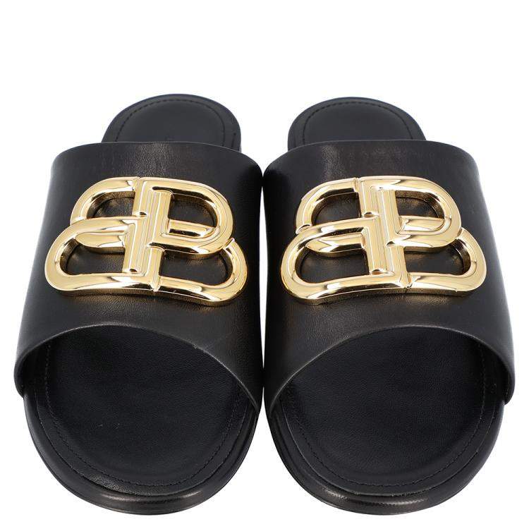Pre Owned Balenciaga Black Leather Oval BB Mule Sandals Sneakers Size EU 39