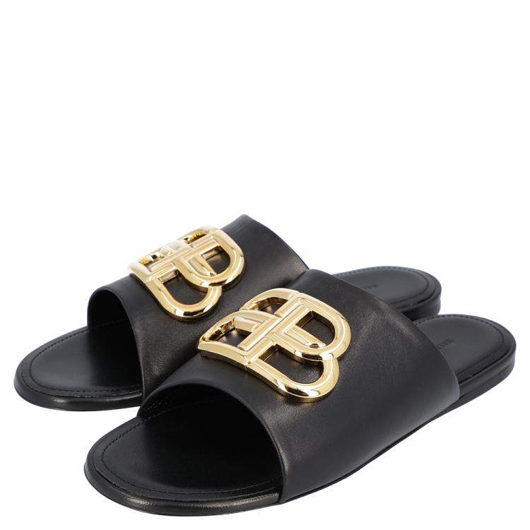 Pre Owned Balenciaga Black Leather Oval BB Mule Sandals Sneakers Size EU 39