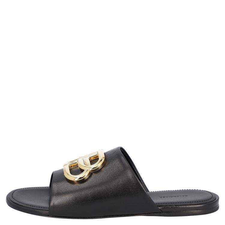 Pre Owned Balenciaga Black Leather Oval BB Mule Sandals Sneakers Size EU 40