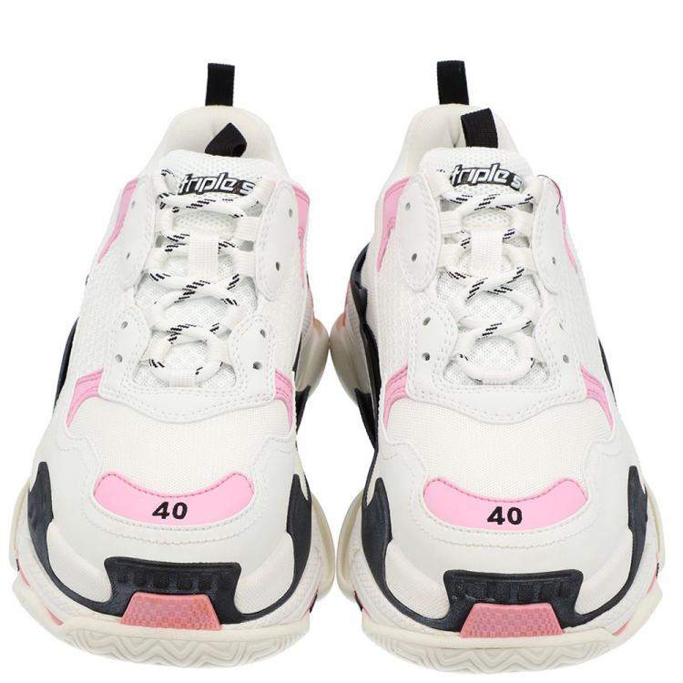 Pre Owned Balenciaga White/Pink Leather and Mesh Triple S Platform Sneakers Size EU 35