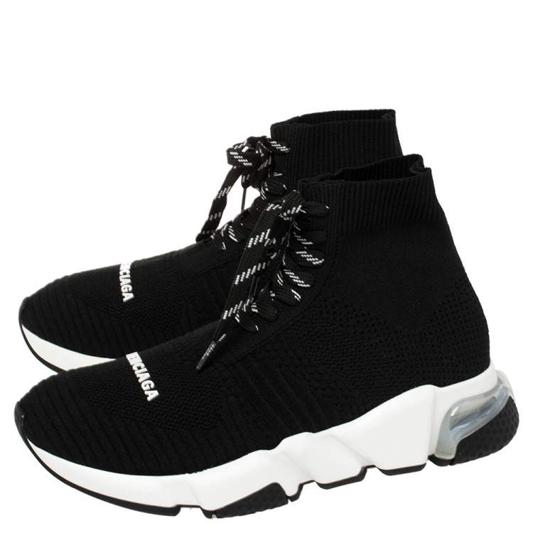 Pre Owned Balenciaga Black Knit Fabric Speed Lace Up Clear Sole Sneakers Size EU 37