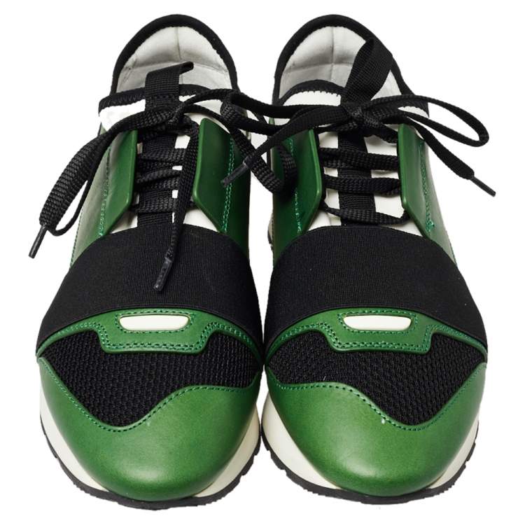 Pre Owned Balenciaga Green/Black Leather And Mesh Race Runner Low Top Sneakers Size 38