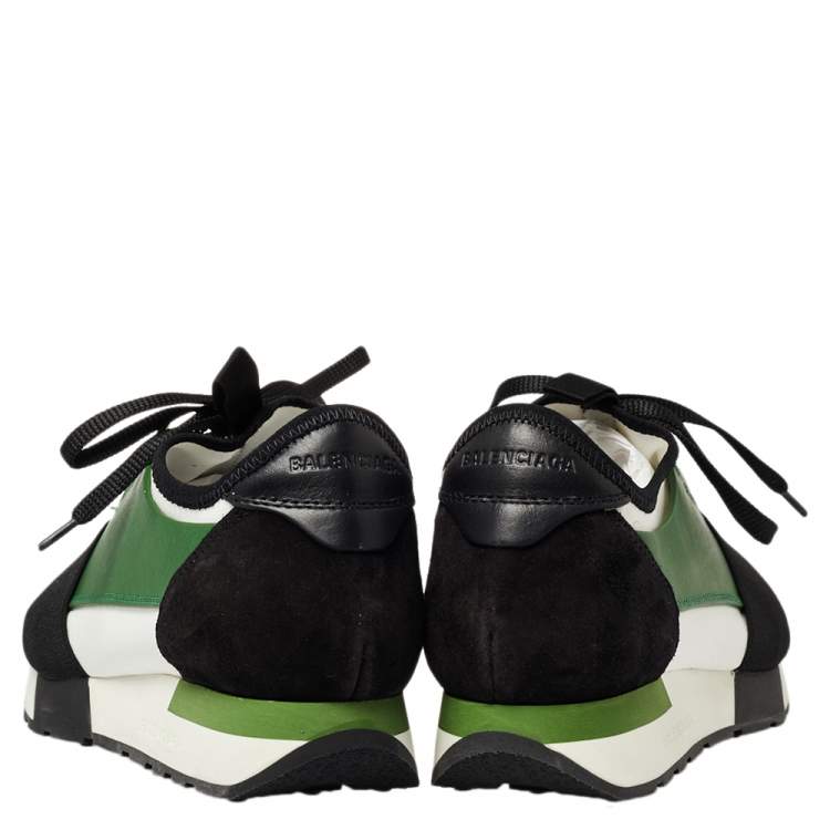 Pre Owned Balenciaga Green/Black Leather And Mesh Race Runner Low Top Sneakers Size 38