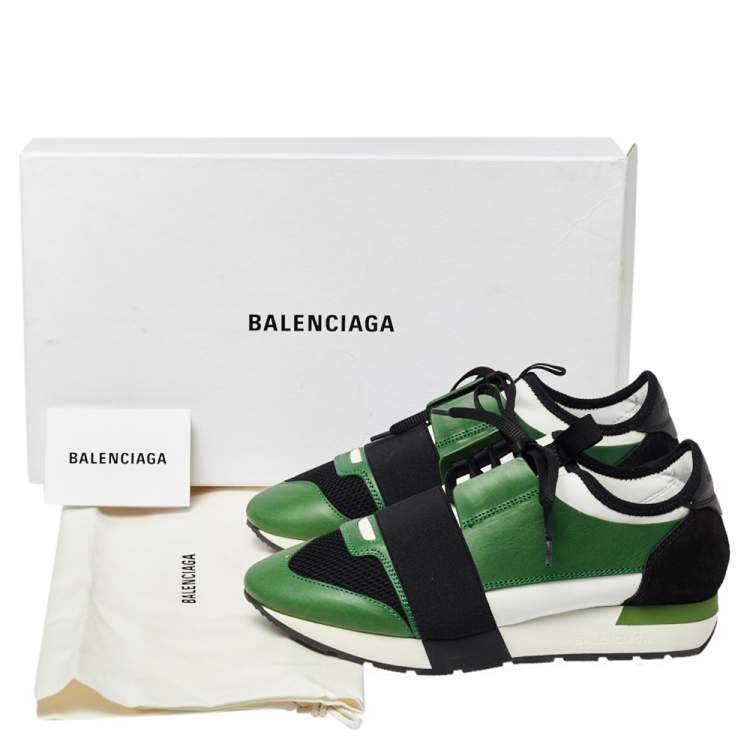 Pre Owned Balenciaga Green/Black Leather And Mesh Race Runner Low Top Sneakers Size 38