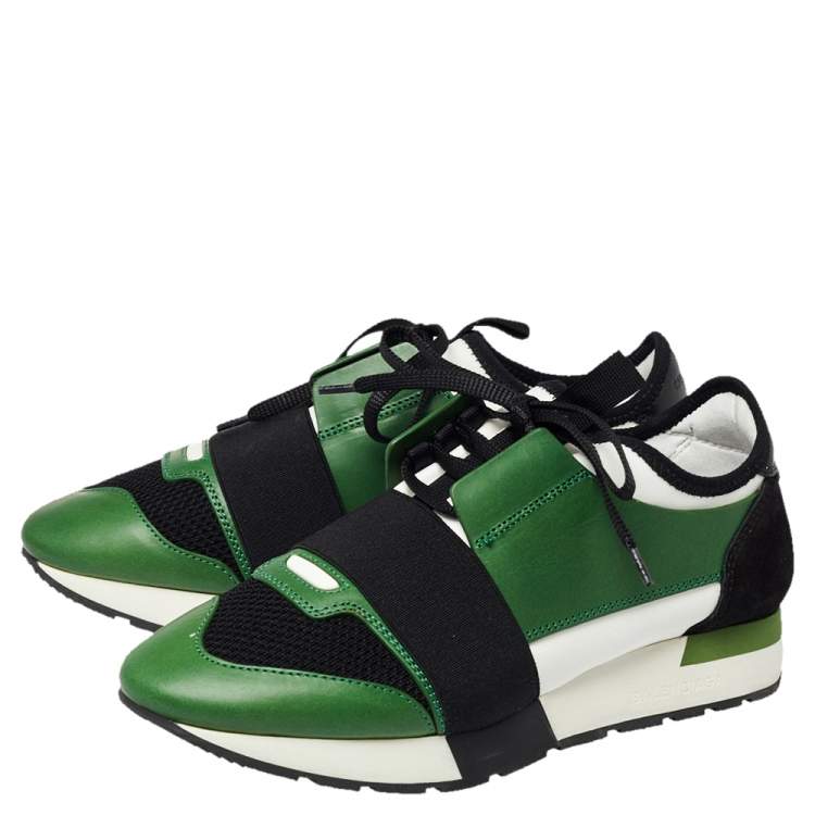 Pre Owned Balenciaga Green/Black Leather And Mesh Race Runner Low Top Sneakers Size 38