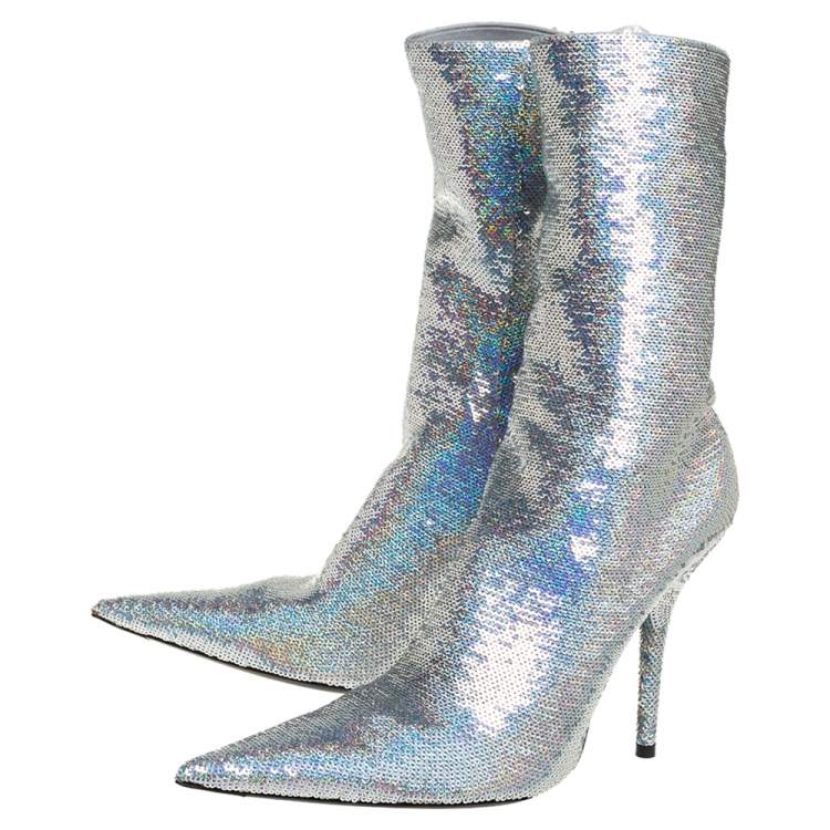 Pre Owned Balenciaga Metallic Silver Sequin Knife Mid Length Boots Size 38