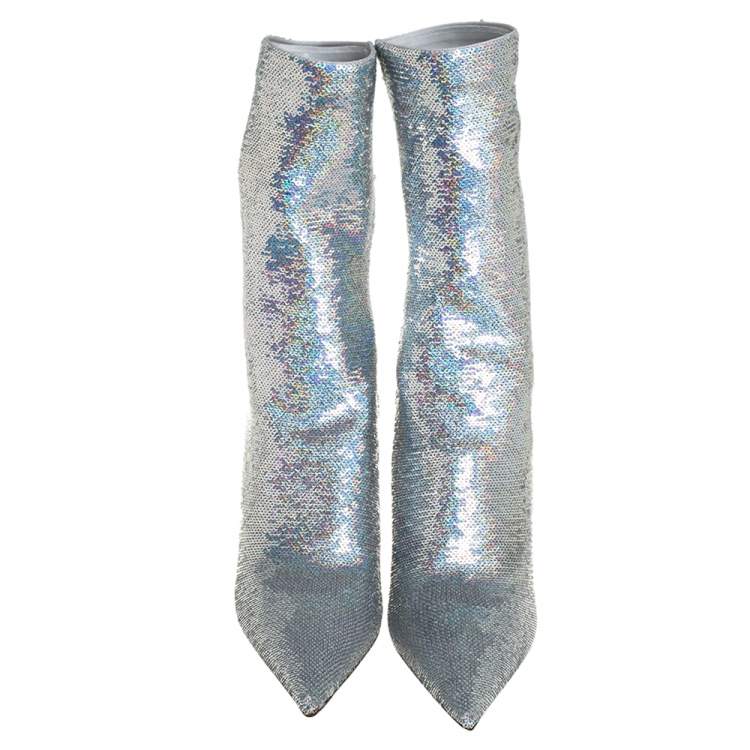 Pre Owned Balenciaga Metallic Silver Sequin Knife Mid Length Boots Size 38