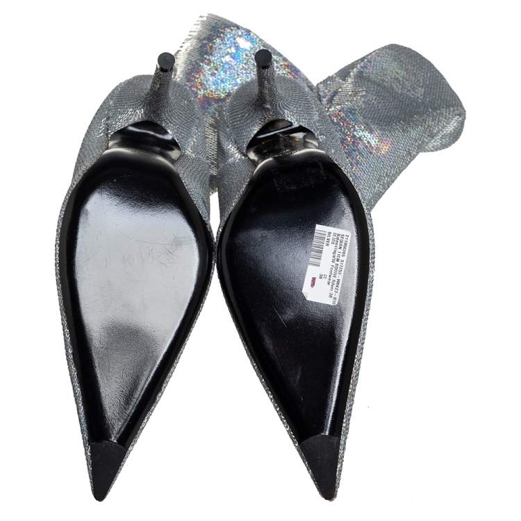 Pre Owned Balenciaga Metallic Silver Sequin Knife Mid Length Boots Size 38