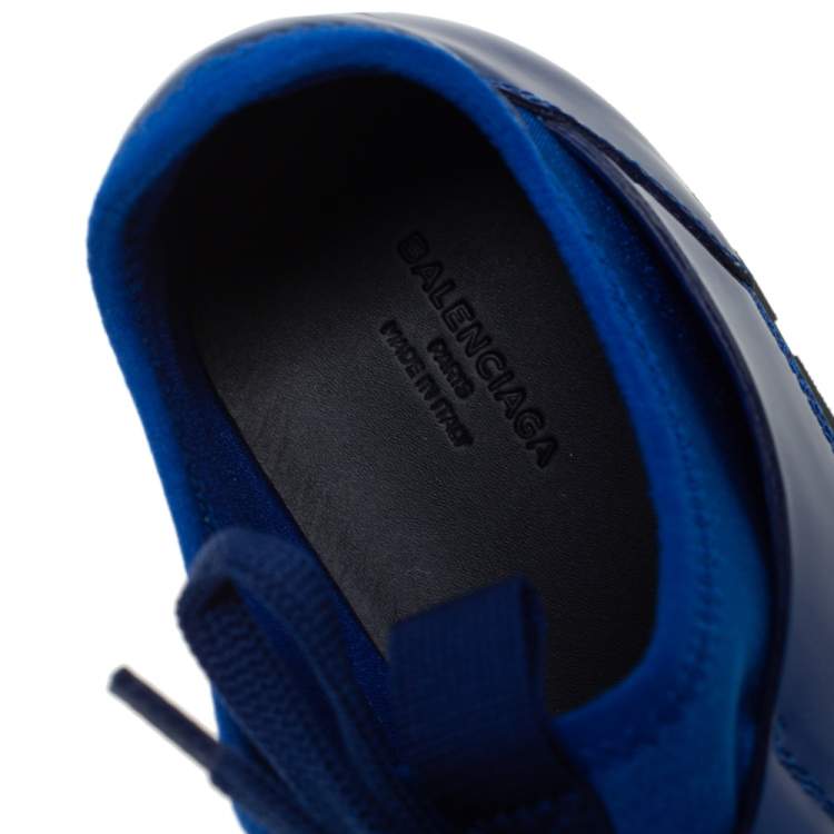 Pre Owned Balenciaga Blue/Black Knit Fabric And Patent Leather Race Runner Low Top Sneakers Size 39