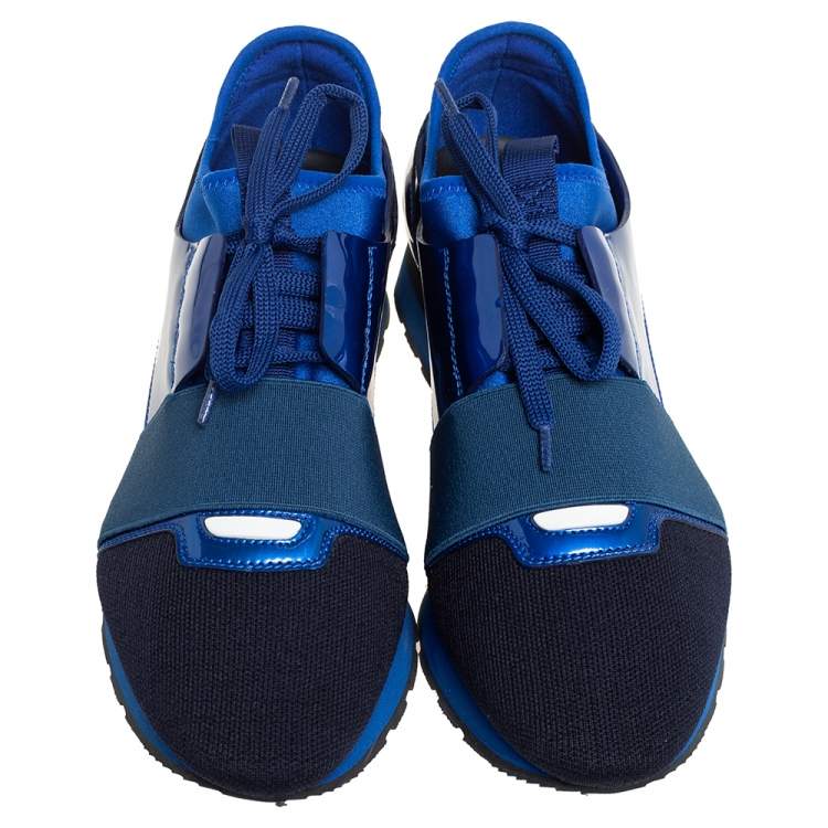 Pre Owned Balenciaga Blue/Black Knit Fabric And Patent Leather Race Runner Low Top Sneakers Size 39