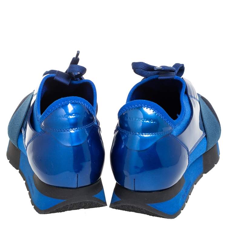 Pre Owned Balenciaga Blue/Black Knit Fabric And Patent Leather Race Runner Low Top Sneakers Size 39