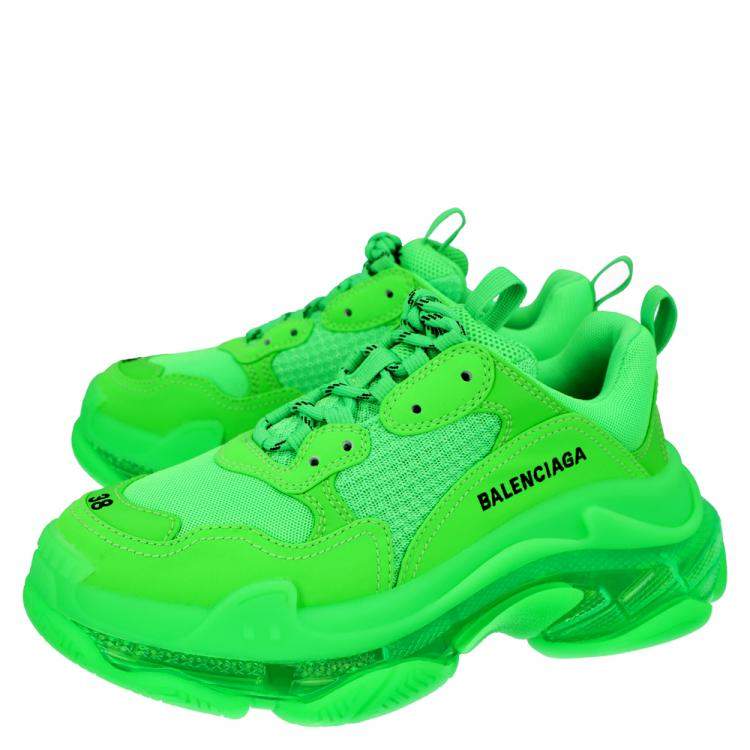 Pre Owned Balenciaga Women Bright Green Leather And Mesh Triple S Sneakers Size EU 40