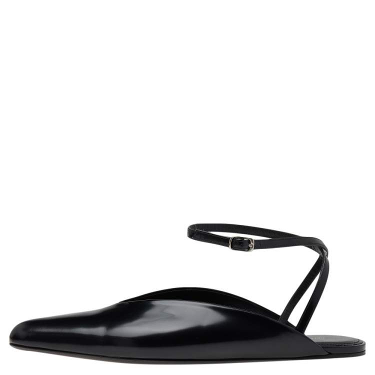 Pre Owned Balenciaga Black Leather Flat Ankle Strap Mules Size 38