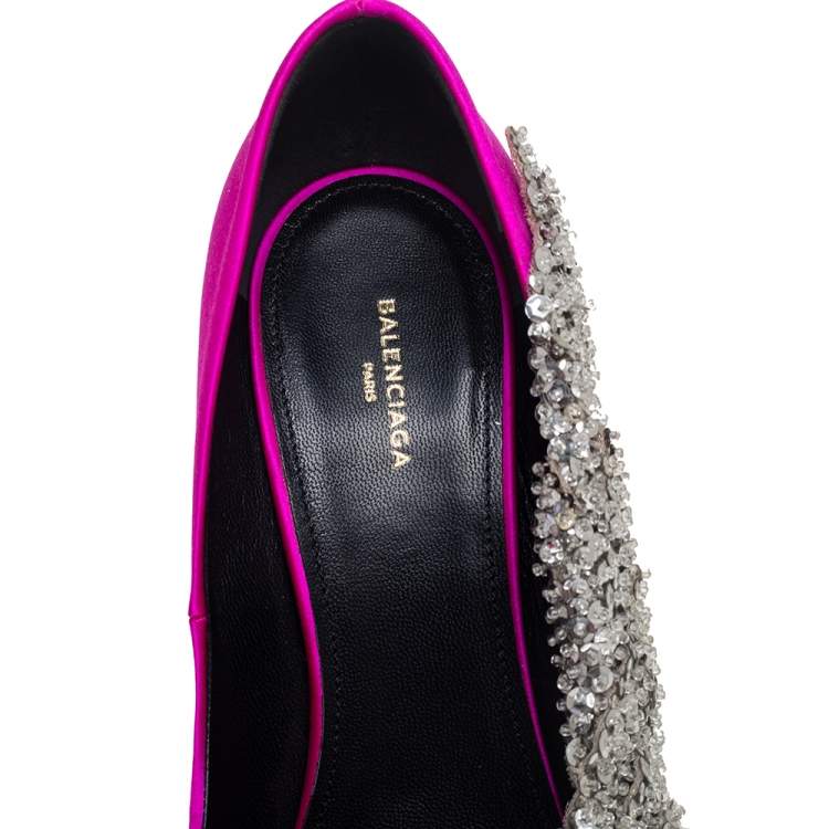 Pre Owned Balenciaga Pink Satin Crystal Embellished Pumps Size 38