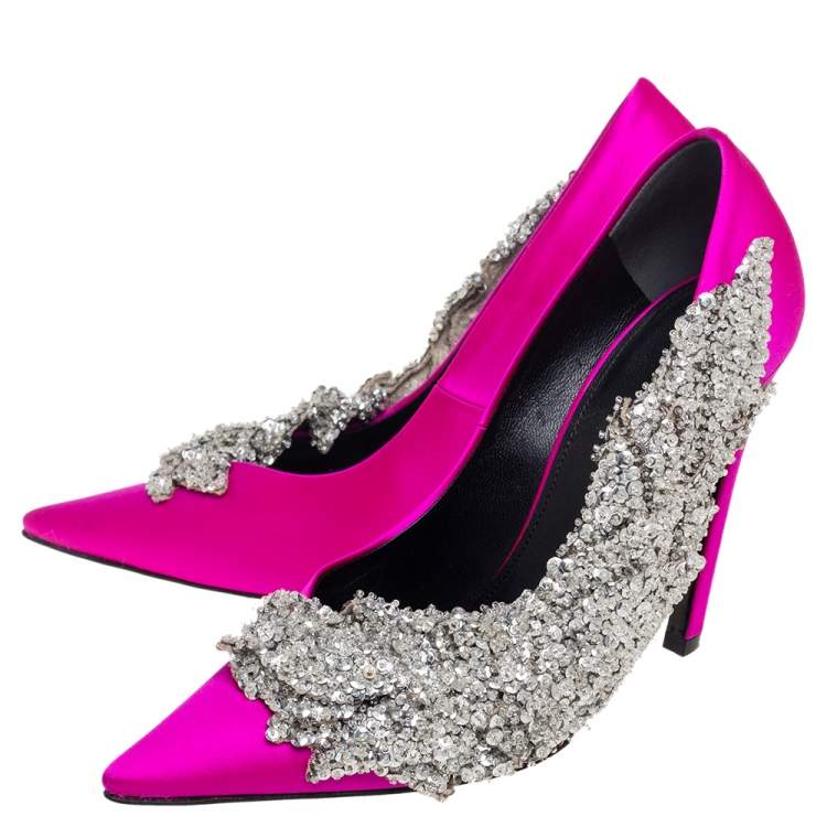 Pre Owned Balenciaga Pink Satin Crystal Embellished Pumps Size 38