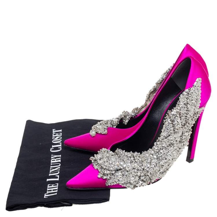 Pre Owned Balenciaga Pink Satin Crystal Embellished Pumps Size 38