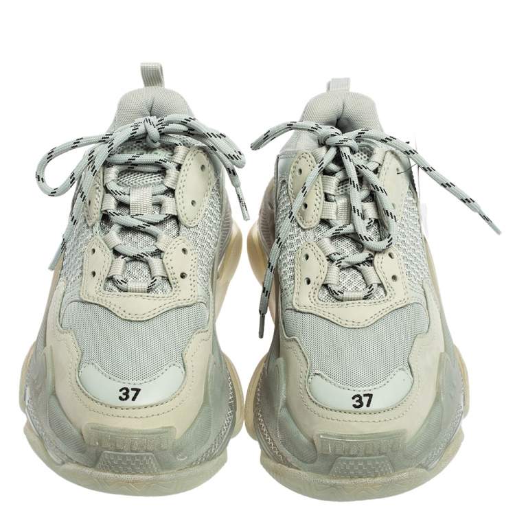 Pre Owned Balenciaga Grey Mesh And Leather Triple S Clear Sole Platform Sneakers Size 37