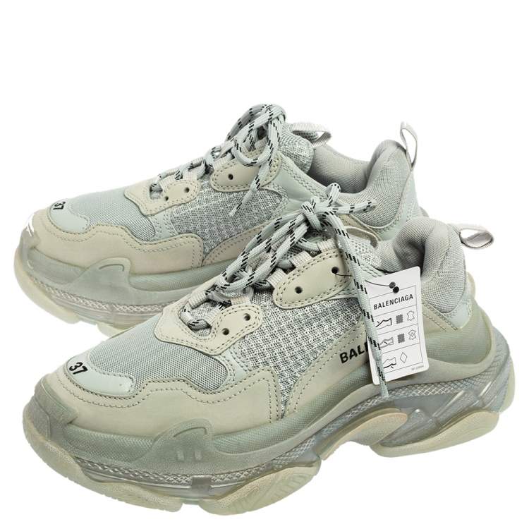 Pre Owned Balenciaga Grey Mesh And Leather Triple S Clear Sole Platform Sneakers Size 37