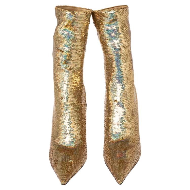 Pre Owned Balenciaga Gold Sequins Knife Ankle Length Boots Size 41