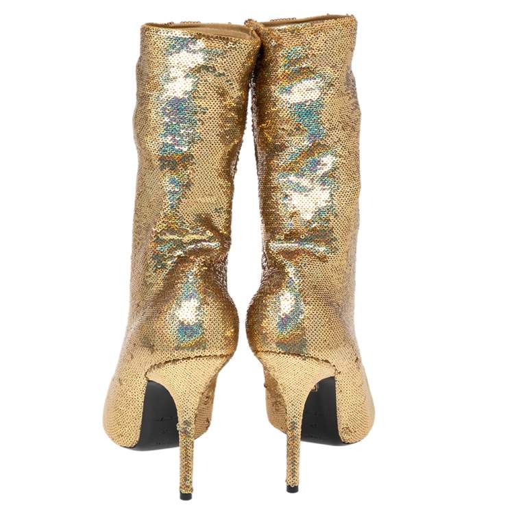 Pre Owned Balenciaga Gold Sequins Knife Ankle Length Boots Size 41