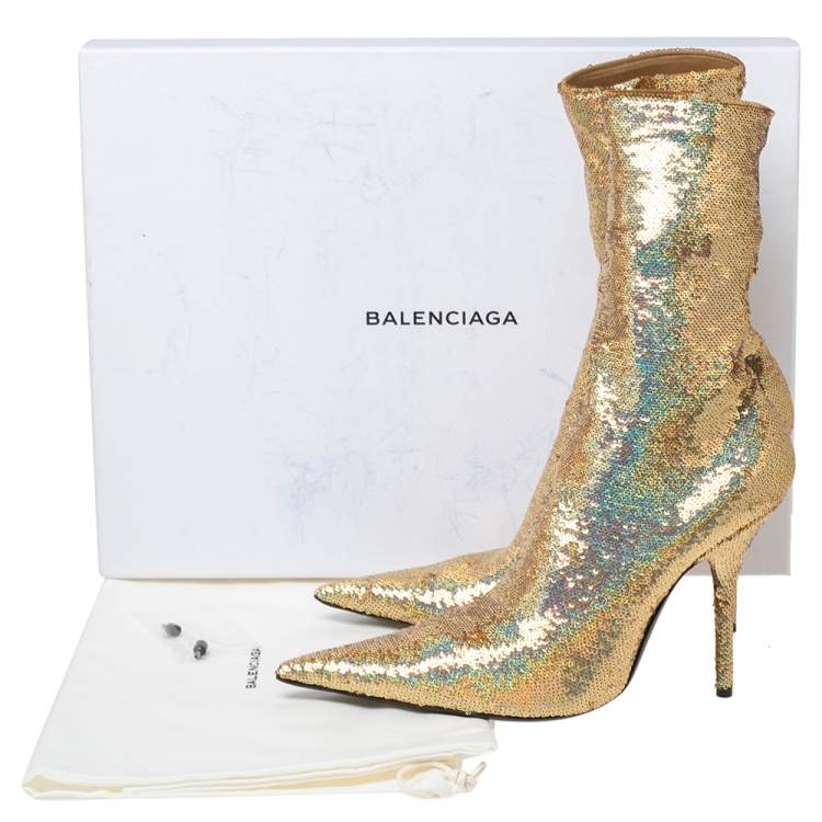 Pre Owned Balenciaga Gold Sequins Knife Ankle Length Boots Size 41