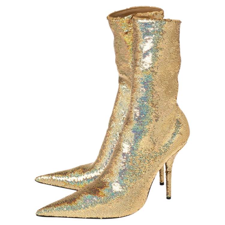 Pre Owned Balenciaga Gold Sequins Knife Ankle Length Boots Size 41