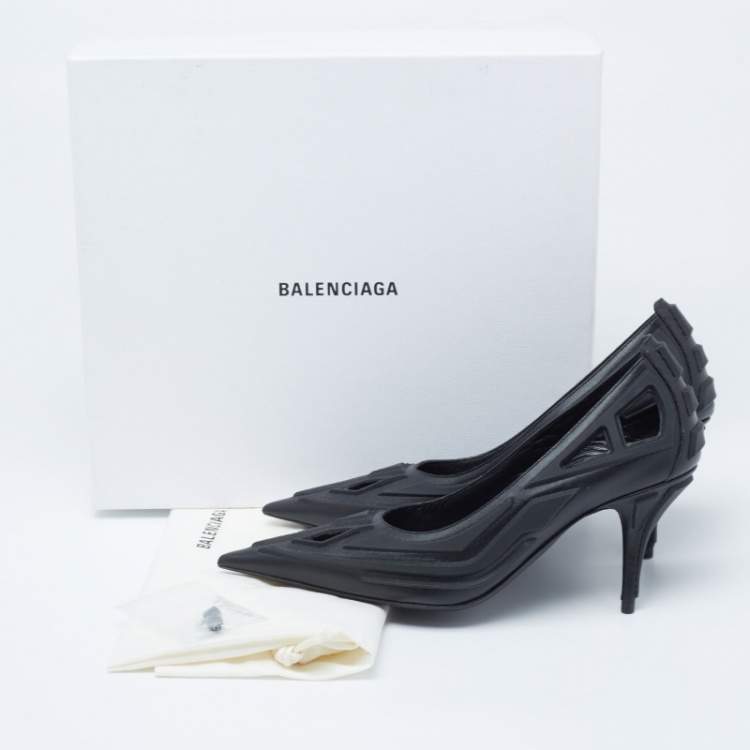 Pre Owned Balenciaga Black Leather And Rubber Cut Out Pointed Toe Pumps Size 37