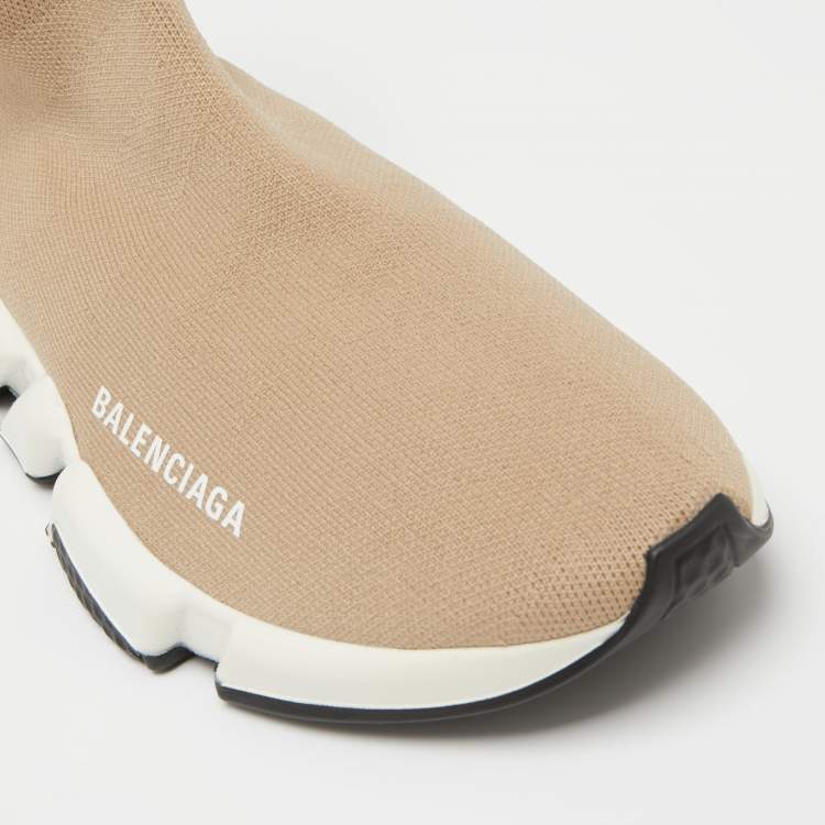 Pre Owned Balenciaga Light Brown Knit Fabric Speed Trainer Sneakers Size 39
