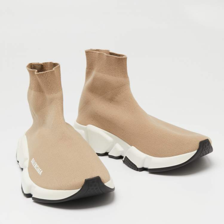 Pre Owned Balenciaga Light Brown Knit Fabric Speed Trainer Sneakers Size 39